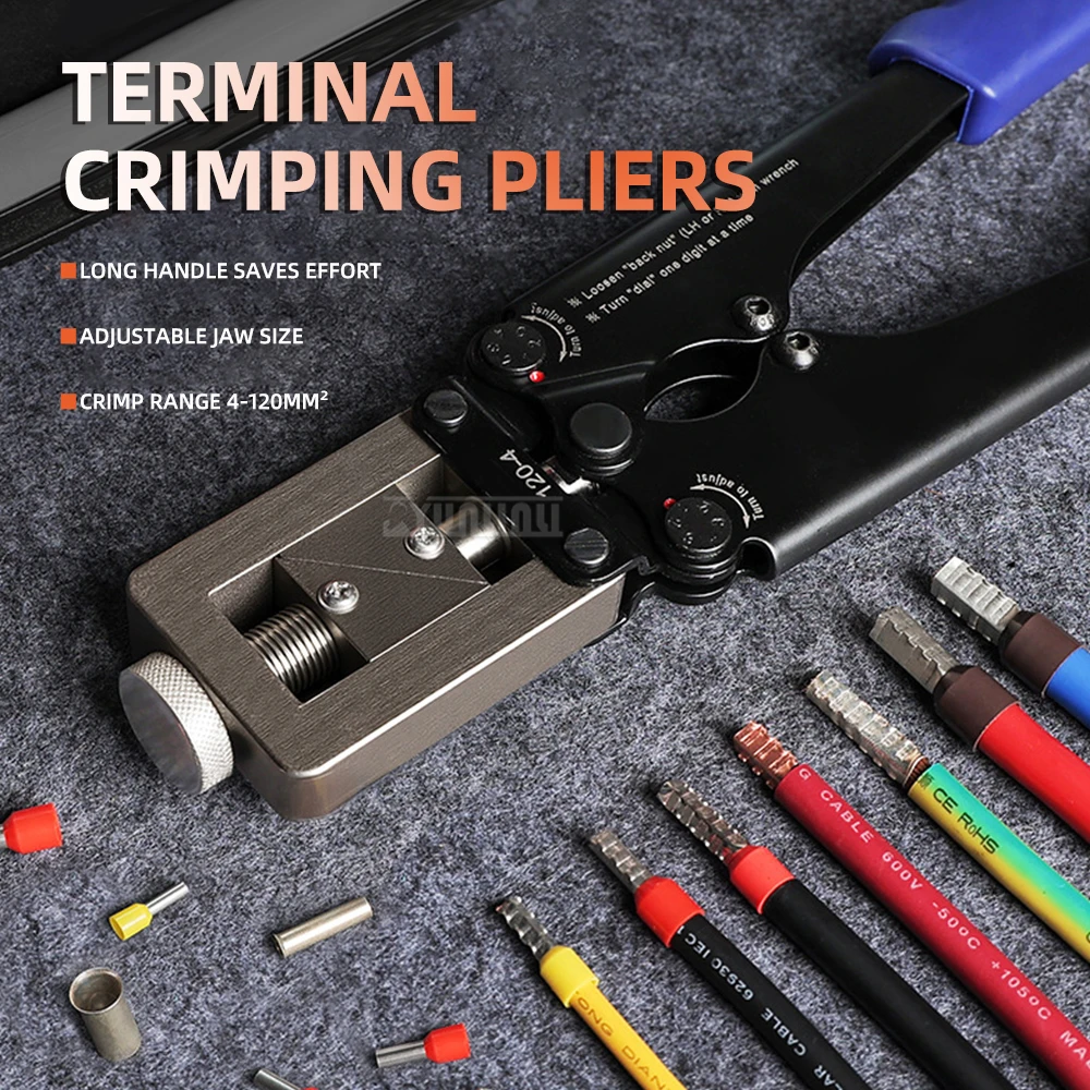 120mm² Tube Terminal Crimping Tool, European Style Pin & Ferrule Crimper for 4-120mm² Wire Lugs, Ratchet Cable Crimping Pliers