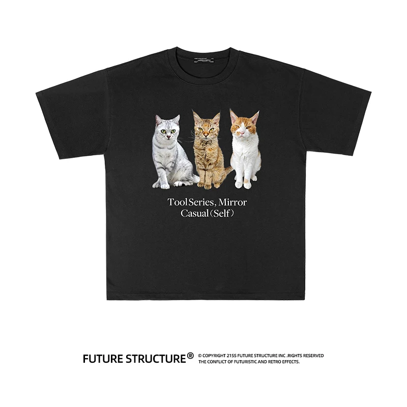 Summer Heavy Small Neckline Cat Print Short-sleeved T-shirt Men's and Women's Trendy High Street Couple Loose Tee