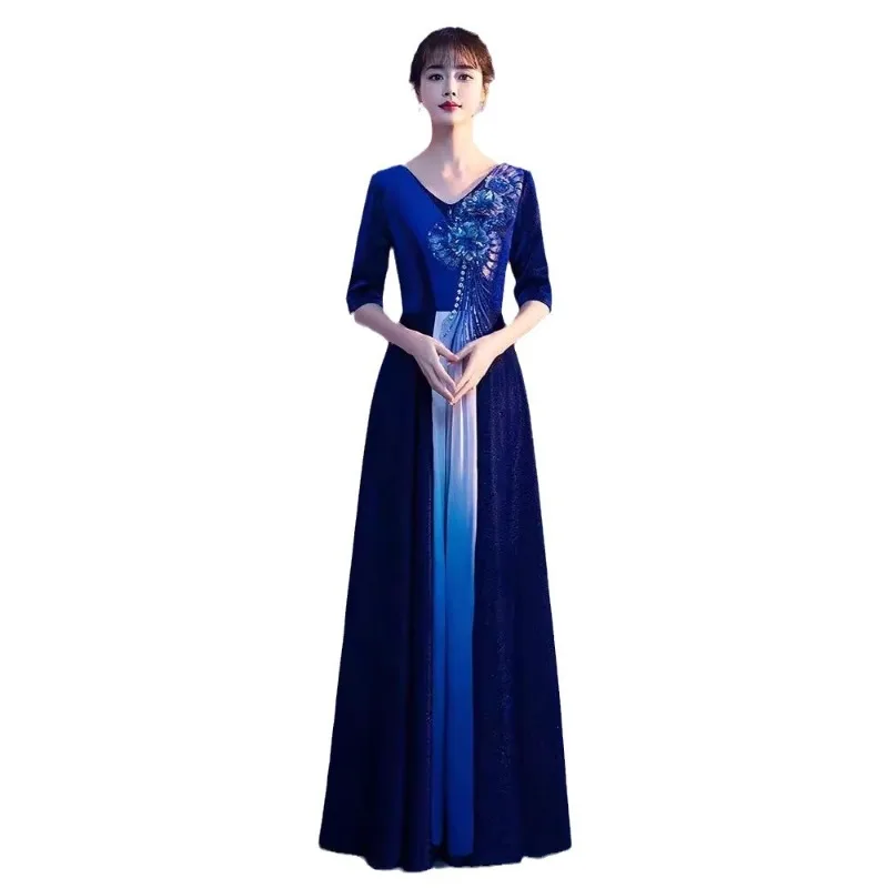 Robe de soirée élégante brodée pour femmes, col en v, à la mode, Slim, demi-manches, fermeture éclair au dos, robe longue à reflets, nouvelle collection 2026