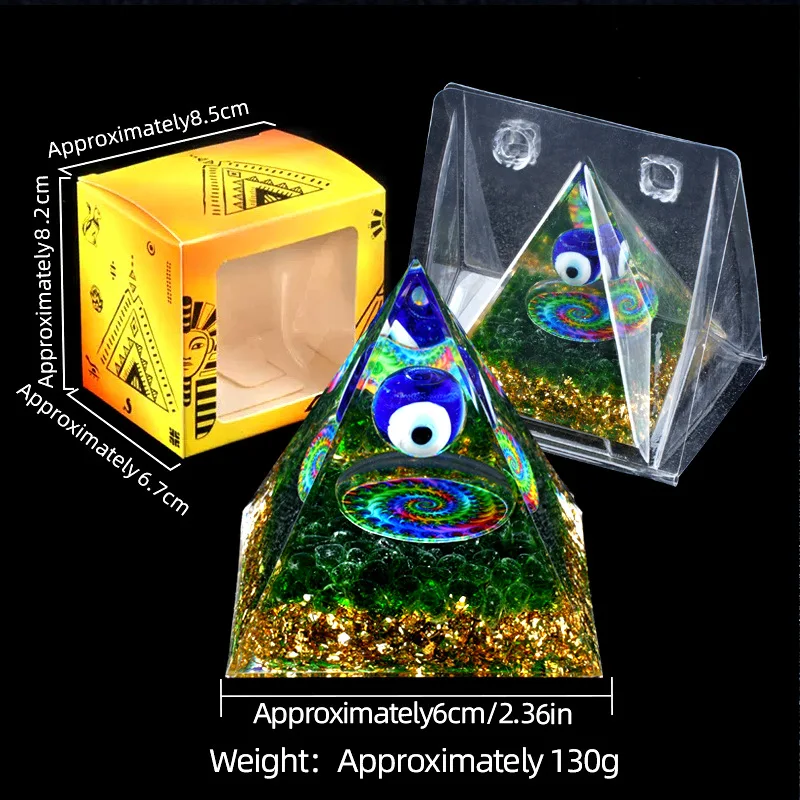 Natural Stone Evil Eye Pyramid Figurine Crystal Chips Orgone Ornament Paperweight Resin Tabletop Decorative 6cm