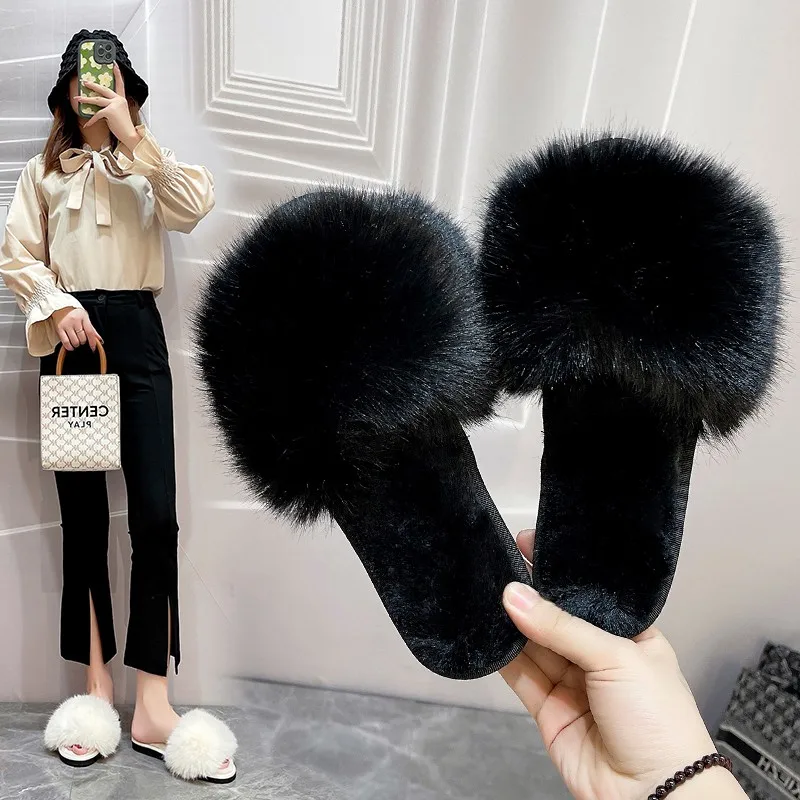 

New Style Women's Home Slippers Winter Pink Fur Flats Furry Elegant Comfortable Soft Shoes for Woman Slippers Zapatos Mujer