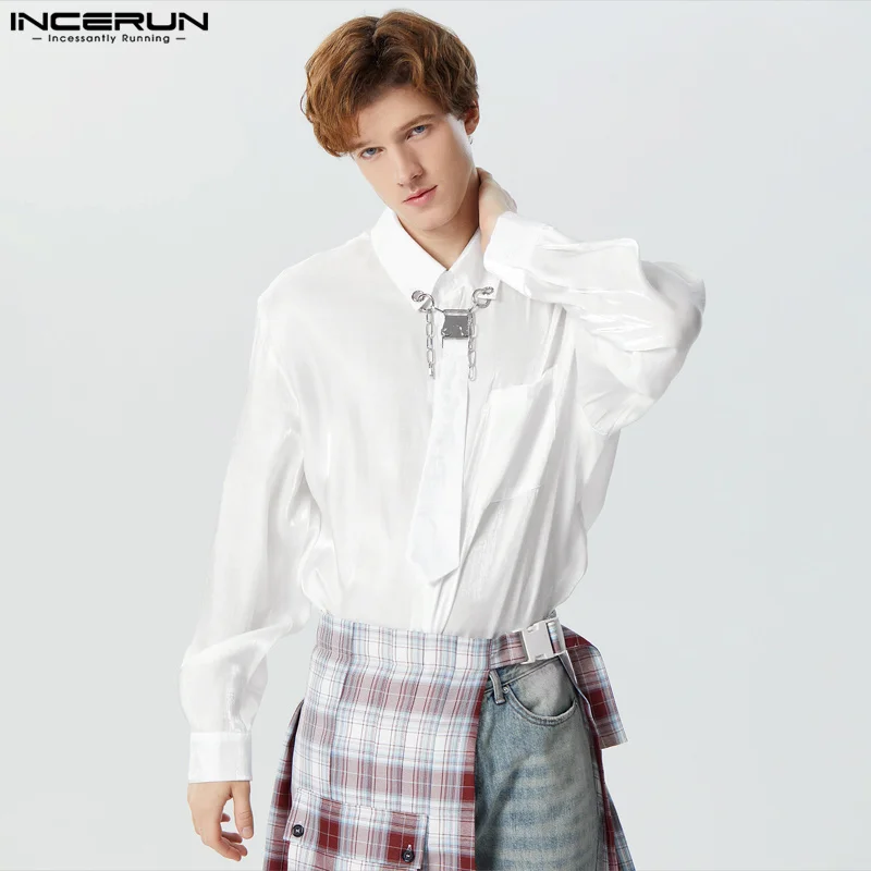 INCERUN Tops 2024 American Style New Men Fashion Bright Chain Tie Design Shirt Casual Male Solid Long Sleeved Lapel Blouse S-5XL