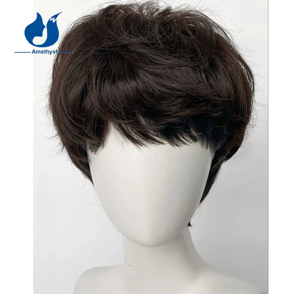 

Amethyst Dark Brown Color #2 Human Hair Wig with Bangs for Men Full Machine Made Scalp Top Wig Brazilian Remy Short Cut Hair Wig