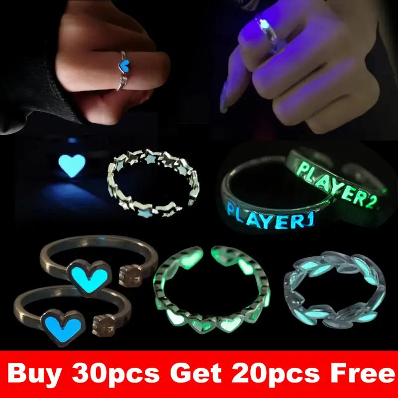 Buy 30pcs Get 20pcs Free Luminous Heart Shape Ring Lover Glow Adjustable Couples Silver Rings Jewelry For Valentine's Day Gifts