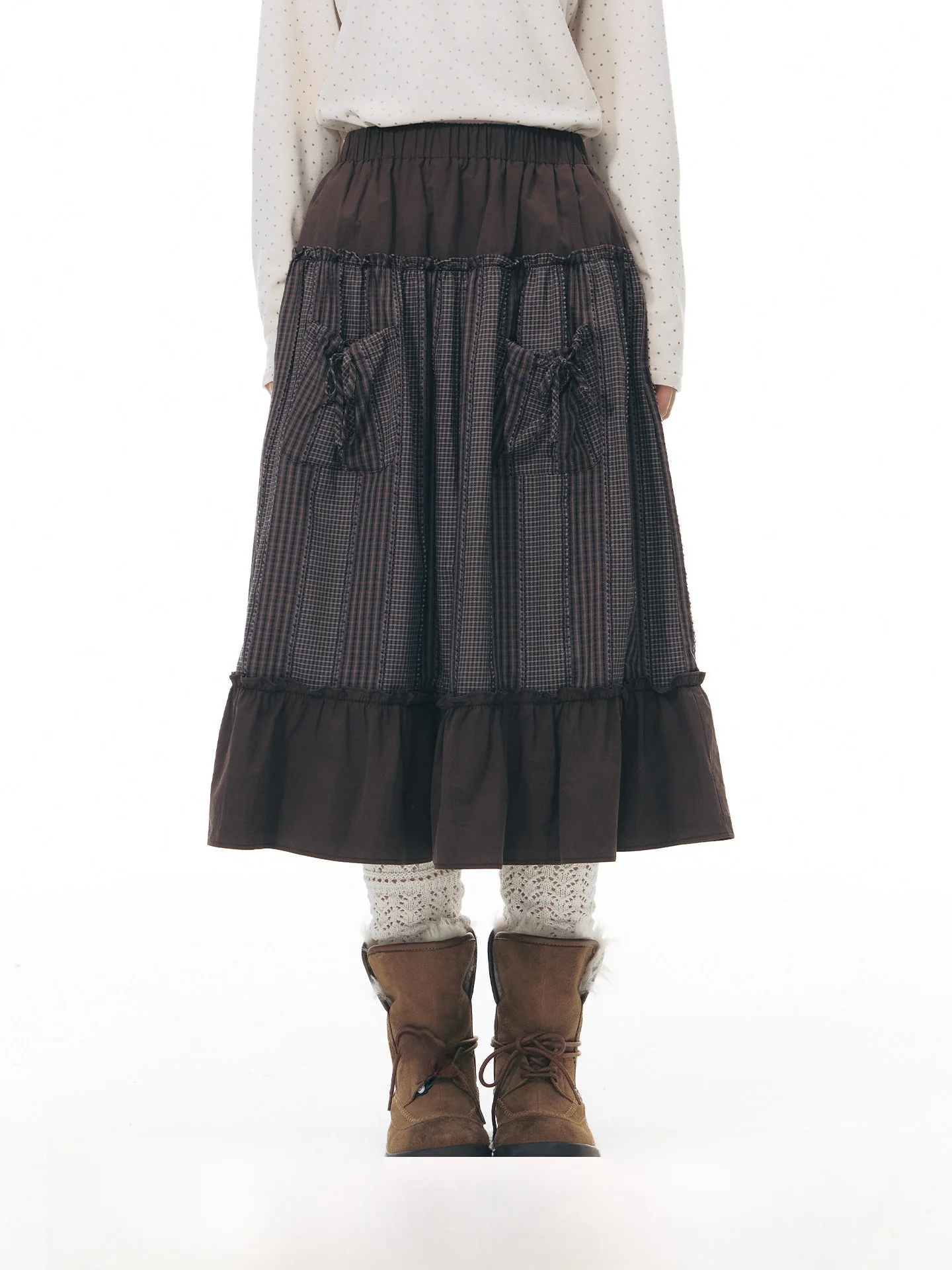 

Новая женская весенняя юбка NAPSNAPS Original Plaid Splicing Wooden Umbrella Skirt, А-силуэт, с эластичной талией, миди-длина