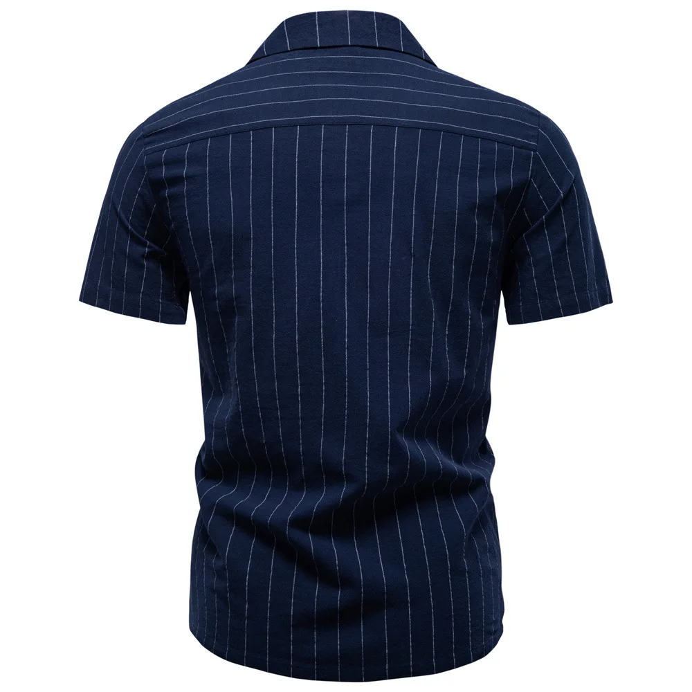 Men's Business Casual Short Sleeve Shirt 2026 Summer High Quality Cotton Cuban Collar Vertical Stripe
