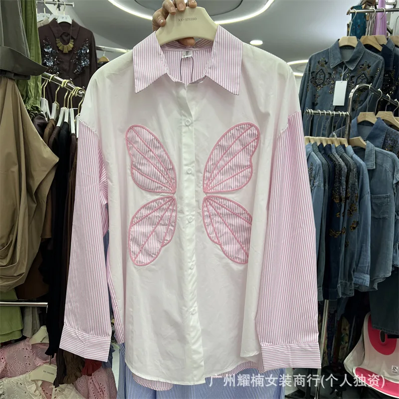 New Spring Autumn Colorblock Long Sleeve Stripes Shirts Single-breasted Loose Cardigans Top Embroidery Butterfly Casual Blouses