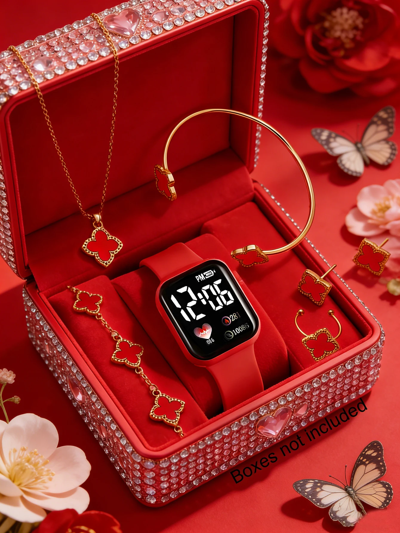 Fashionable Square Electronic Watch Set with Four-leaf Clover Design Versatile Daily Wear Gift for Birthdays