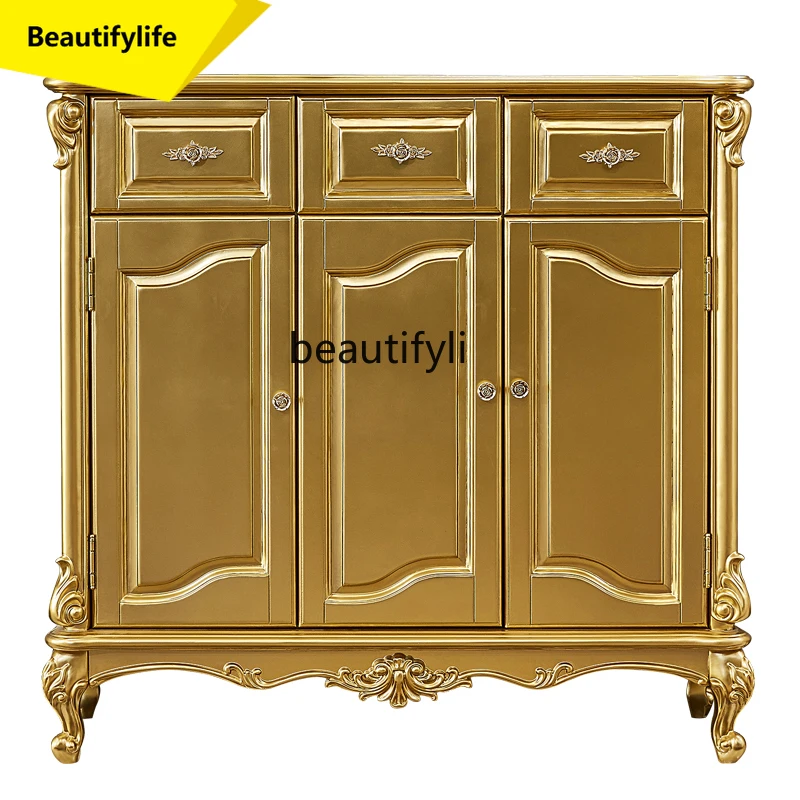

A57 European-style Shoe Cabinet High-end Champagne-colored Solid Wood Carved American-style Living Room Shoe Cabinet