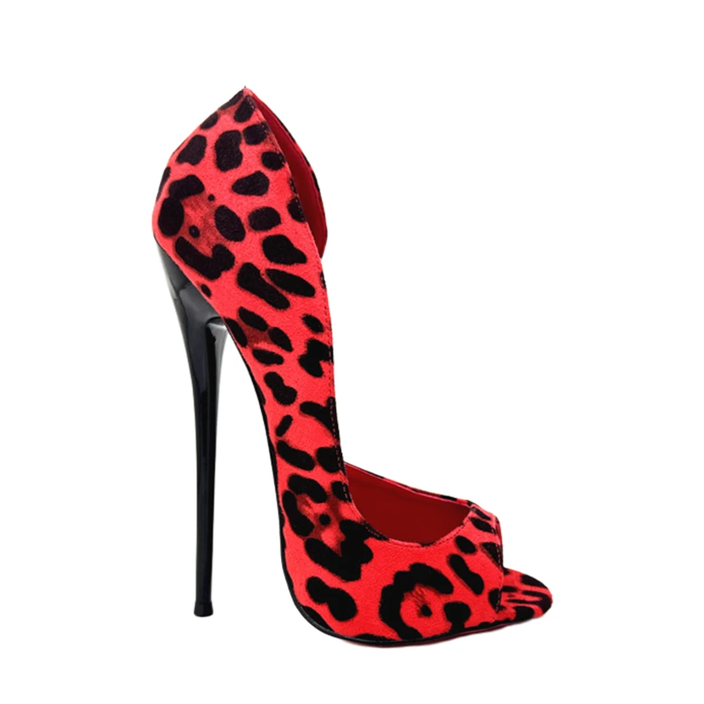 

Suede Leopard Print Peep Toe Pumps 16cm Extreme Lacquered High Heels Side Hollow Slip on High Heels Sexy Style Handmade Stiletto
