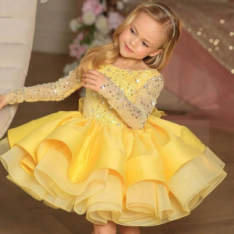 

2025Girls' Long-Sleeved Sequined Little Host Birthday Pettiskirt Dress Dress