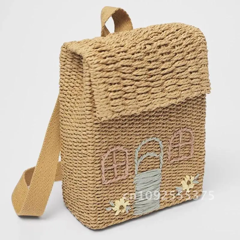 Double Shoulder Straw Woven Bag Children Backpack Straw Woven Bag Student School Bag Personality Hand Carrying Woven Backpack