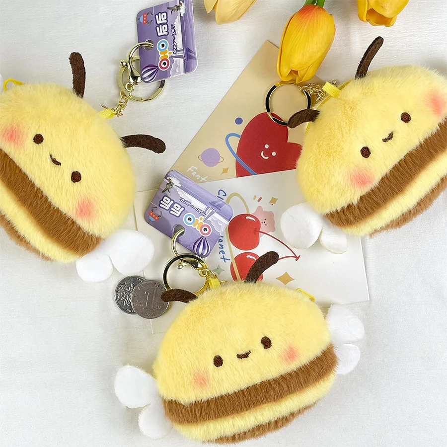 Cute Cartoon Bee Coin Purse Soft Plush Zipper Small Wallet For Girl Data Cables Earphones Bag Key Pouch Portable Storage Pendant