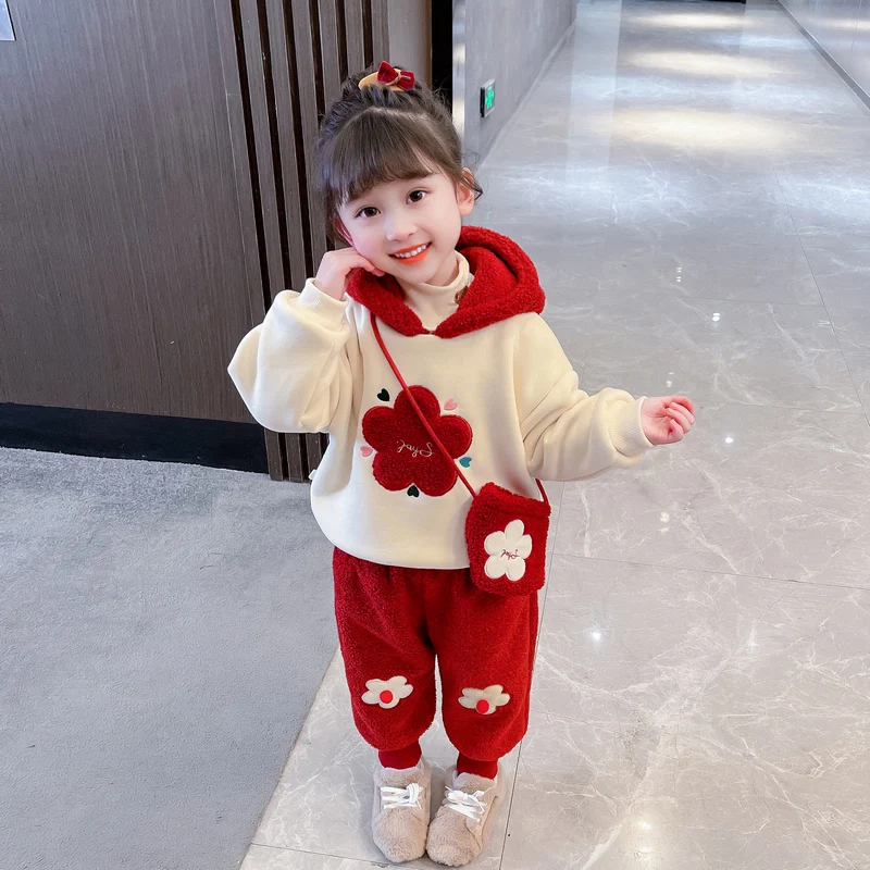 Baby Girls Autumn Winter Clothing Sets Children Warm Thickened Hooded Sweater Pants 2 Pcs Kids Casual Clothes Outfits Tracksuits