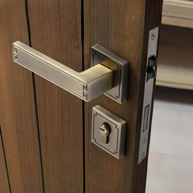 New Chinese style bronze indoor bedroom door lock magnetic suction silent split door handle