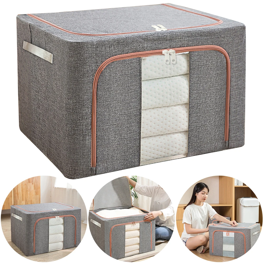 Stackable Storage Bag with Metal Frame Foldable Clothes Storage Box Linen Wardrobe Organizer Dustproof Storage Box for Home Room