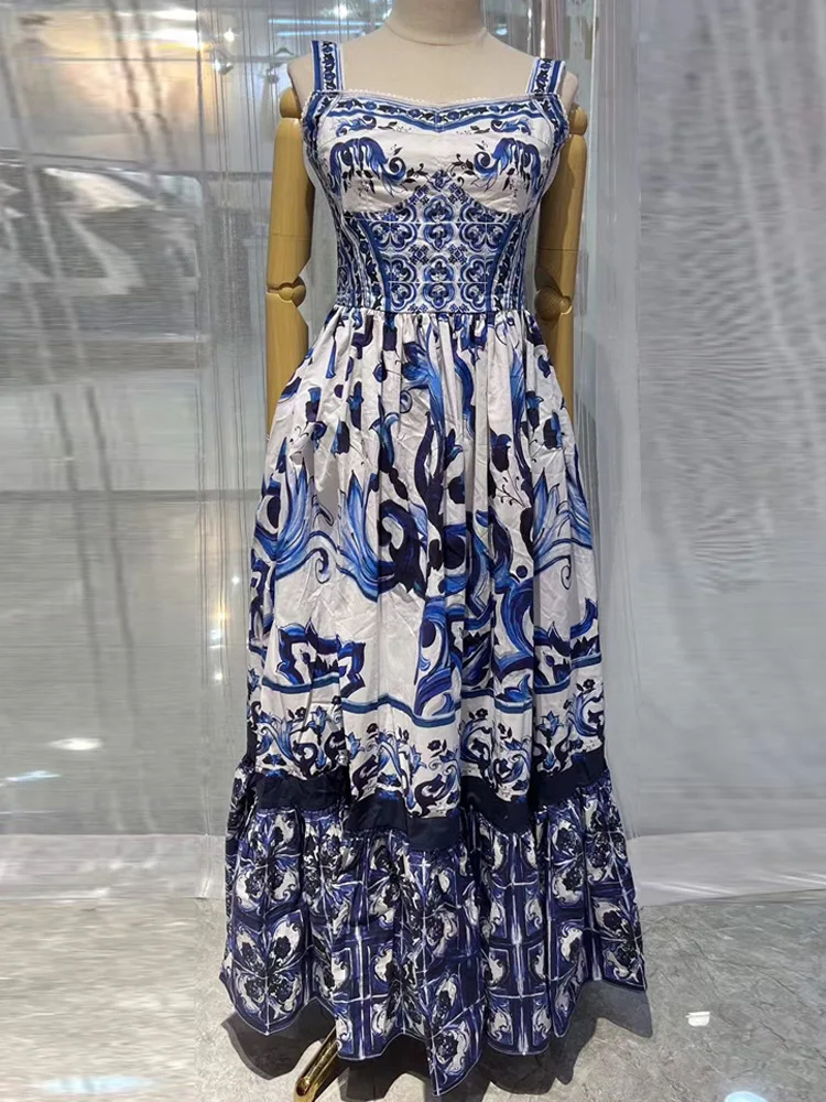 

Long Dress for Women, 100% Cotton, Blue and White Porcelain Printing, Spaghetti Strap, Party Vacation Expansion, Summer