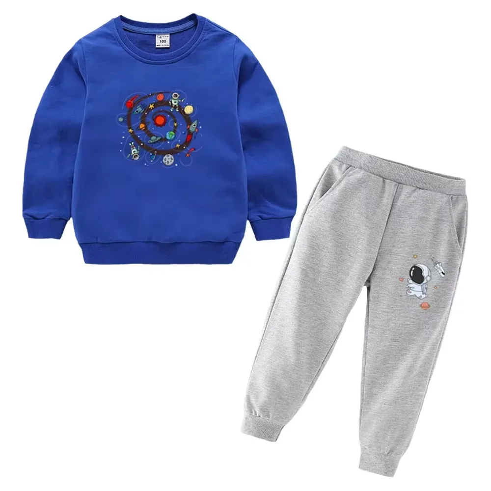 Jungen-Trainingsanzug, 2-teilig, mit Weltraum-Astronauten- und Planetenmuster, Sweatshirt mit Rundhalsausschnitt + Jogginghose, lässiges Kinder-Outfit.