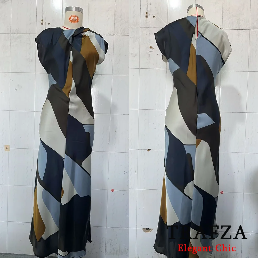 TRAFZA mujeres Vintage satén asimetría impresiones Maxi vestido nuevo 2025 Primavera Verano moda fiesta vacaciones fecha vestido de viajero