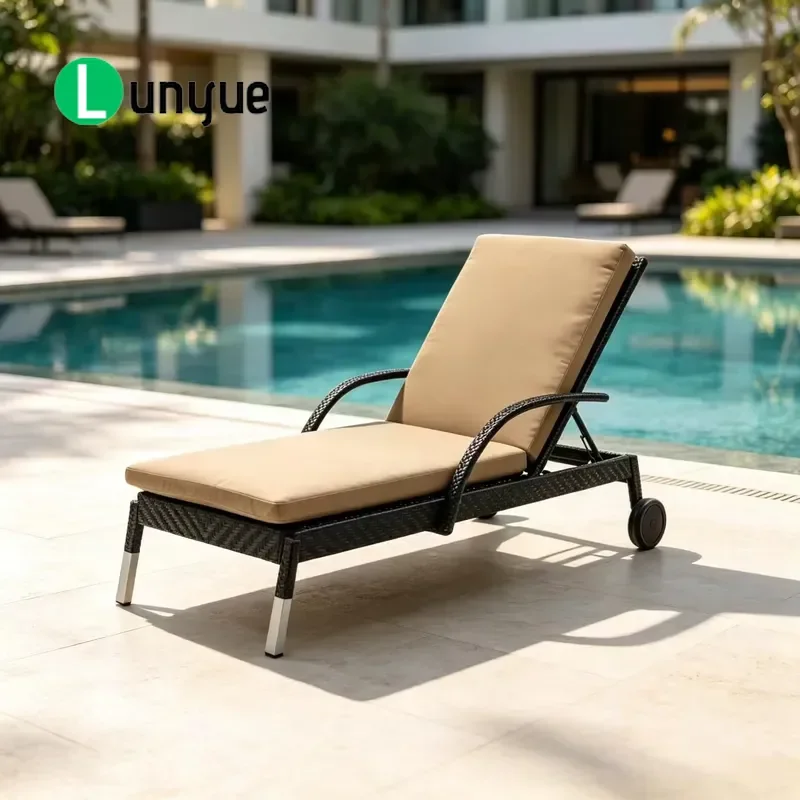 Modern Wicker Outdoor Lounge Chair with Wheels Adjustable Backrest Rattan Patio Furniture for Hotel Garden Poolside Durable