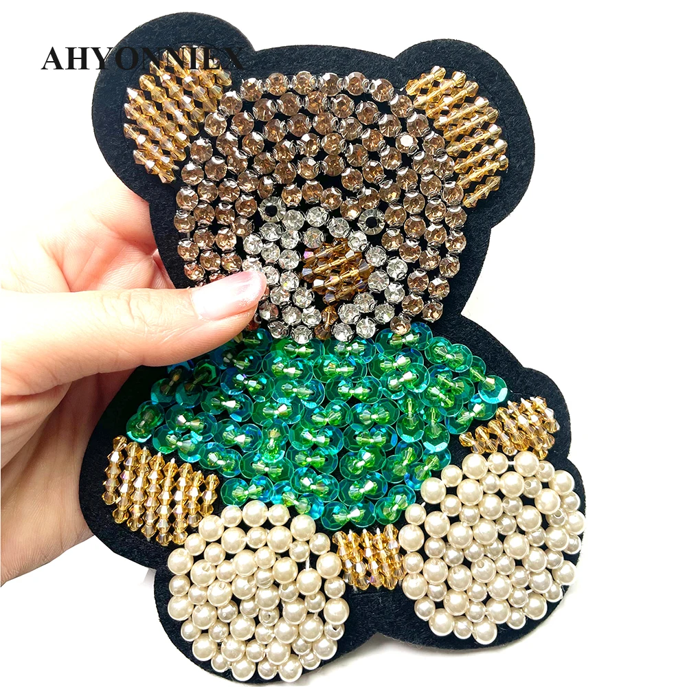 Promotion !! Handmade Green 12cm x 15cm Beaded Bear Patches Sew On Patch for Kids Clothes Jacket DIY Applique