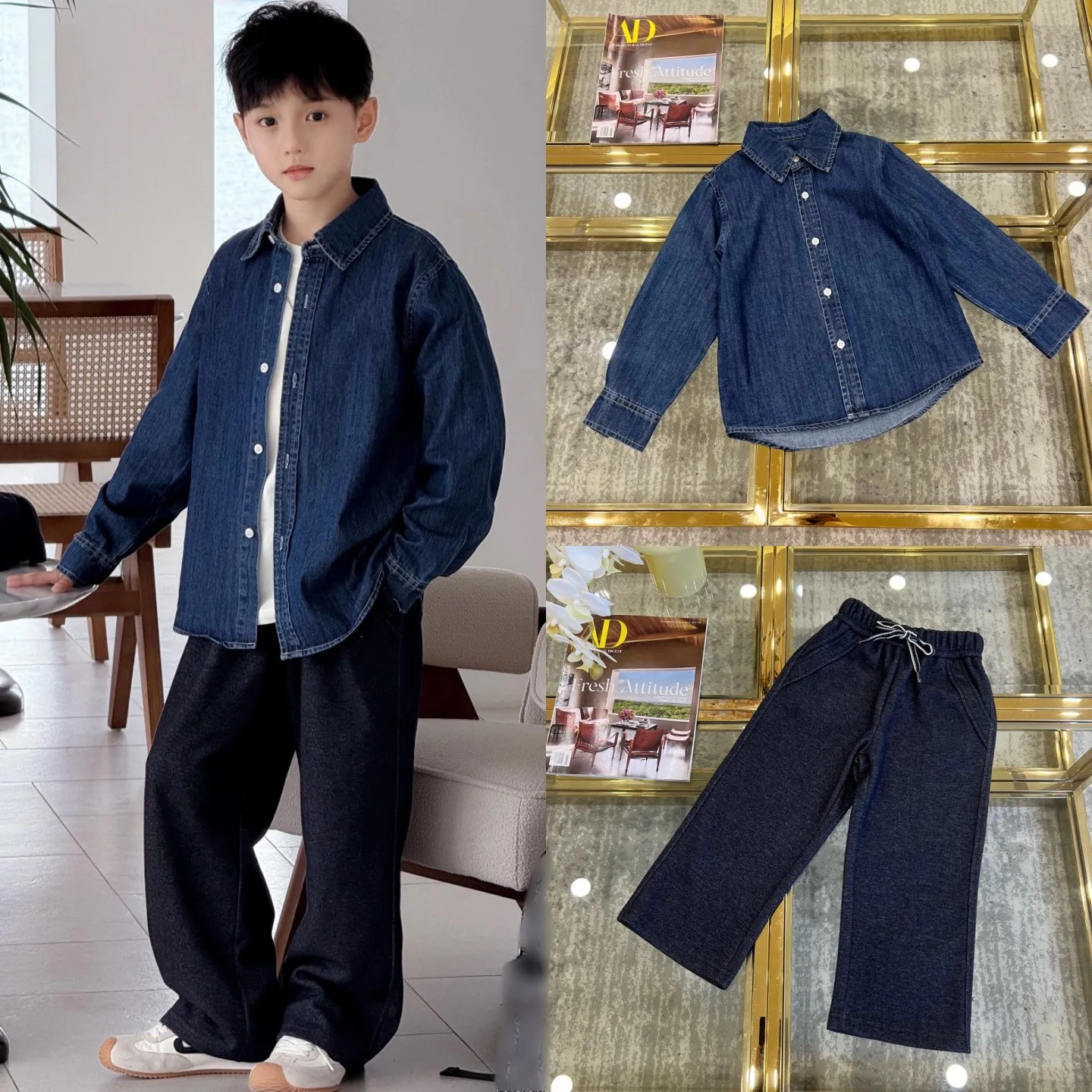 

2025 Autumn/Winter New Children's Parent Child Embroidered Cowboy Shirt Straight Knitted Jeans Set