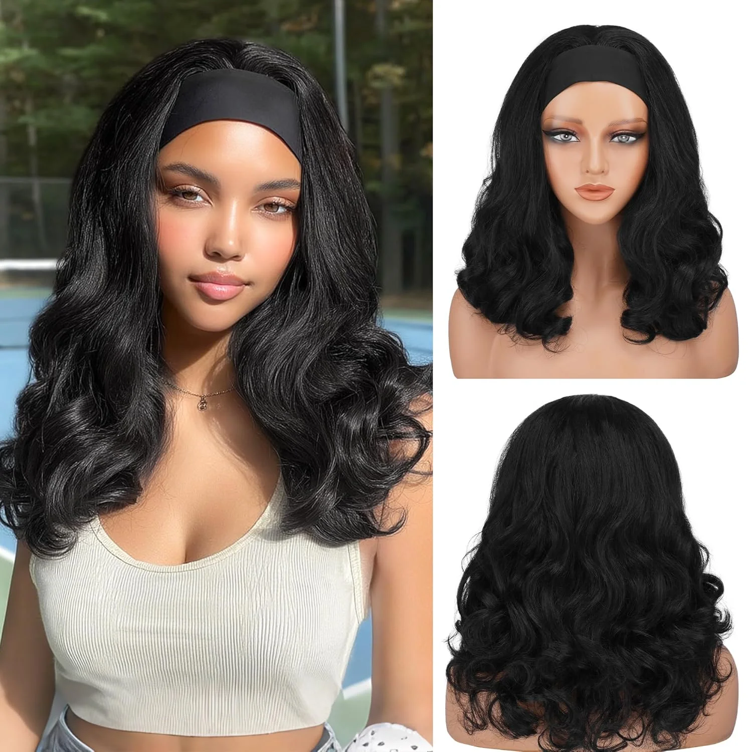 Perruque bandeau en cheveux humains brésiliens, densité 200%, texture Body Wave, sans dentelle frontale, sans colle, installation rapide, prête à porter pour coiffure quotidienne
