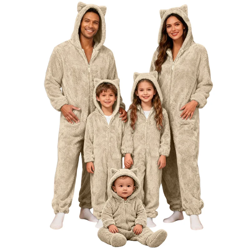 Fmaily Matching Jumpsuit Suits Children Adults Winter Comfortable Thick Warm Overalls Girls Mom Daily Thermal Hooded Pajamas