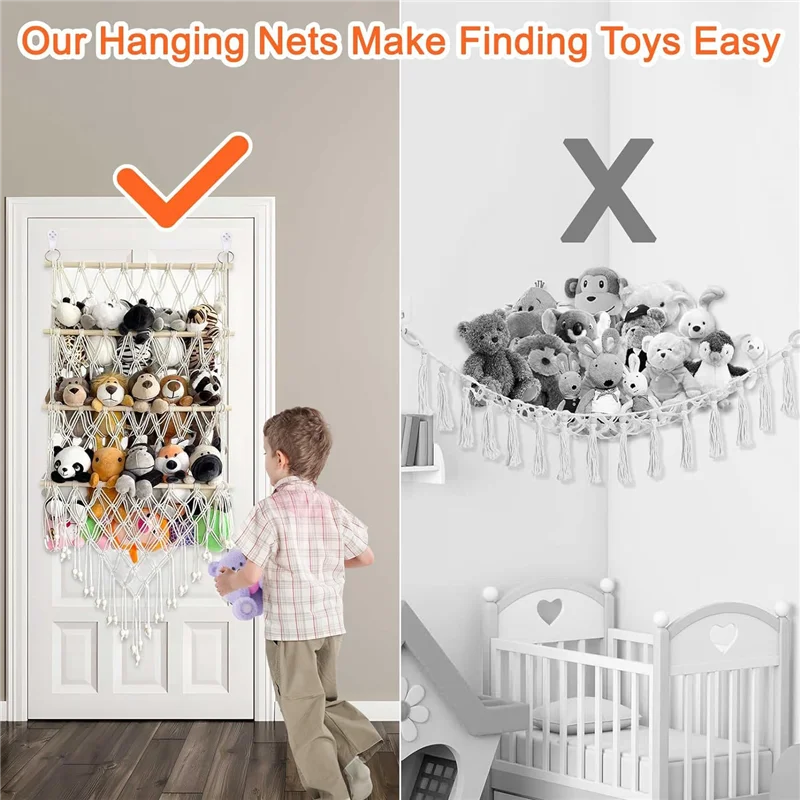 

1 PCS 3 Layer Wooden Stuffed Toy Net, Stuffed Animal Net Or Hammock Creamy-White Cotton Rope+Wood Stuffed Animal Net