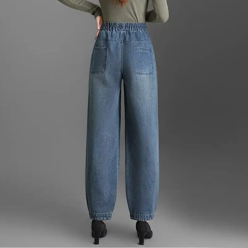 Elástico de cintura alta feminino 2024 outono inverno retalhos bolso moda cor sólida solto casual versátil lanterna jeans