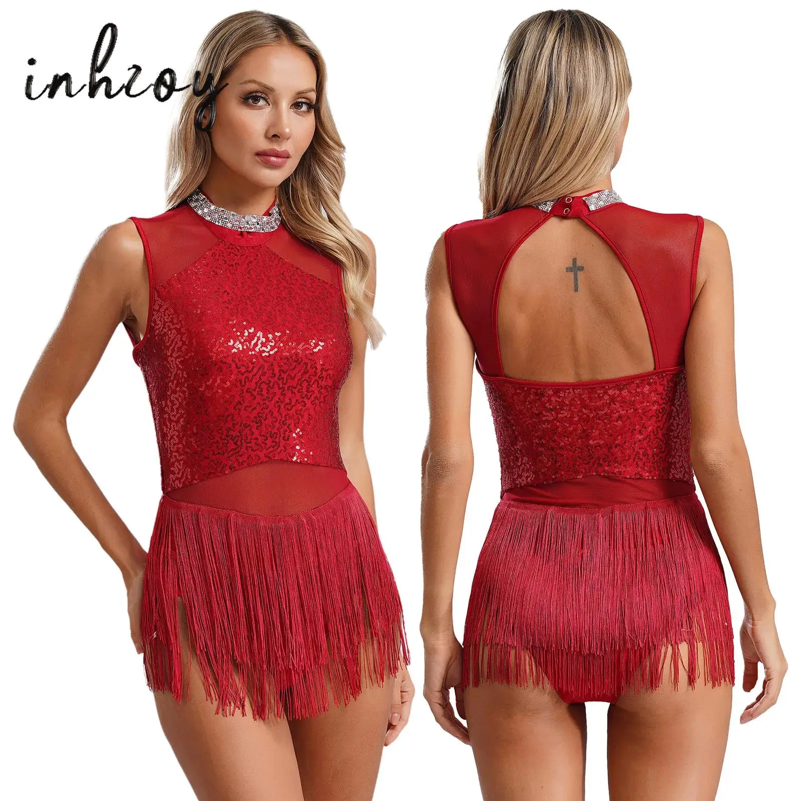 

Womens Latin Dance Leotard Dress Sequins Fringed Skirt Leotard Bodsuit Ballroom Tassel Samba Tango Cha Cha Rumba Dancewear