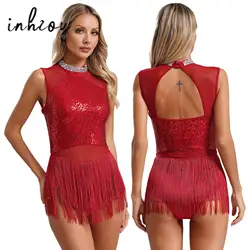 Womens Latin Dance Leotard Dress Sequins Fringed Skirt Leotard Bodsuit Ballroom Tassel Samba Tango Cha Cha Rumba Dancewear