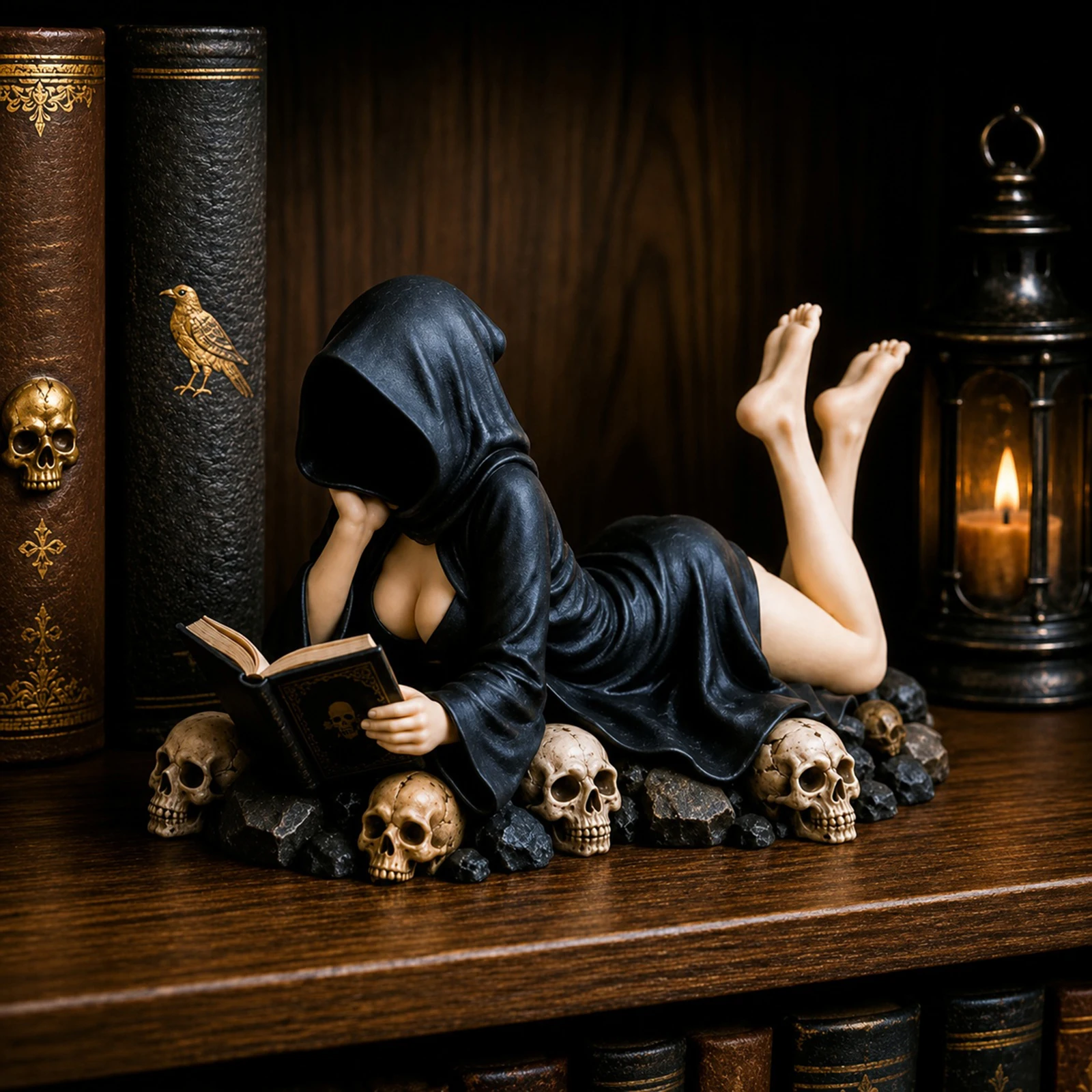 Resin Grim Reaper Sculpture Hooded Gothic Robed Resin Statue Fantasy Spooky Robed Figurine Decorative Desk Figure Ornament