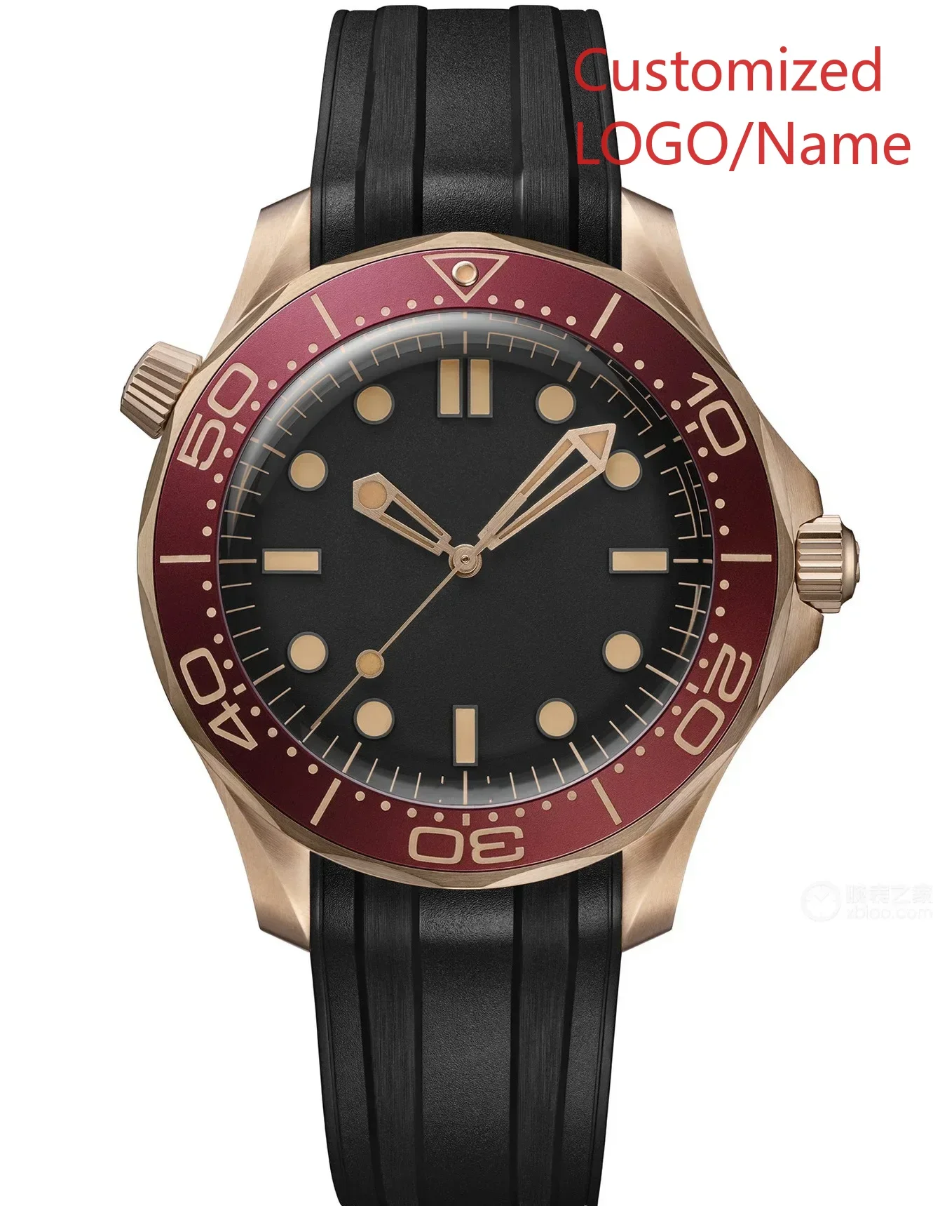 Relógio mecânico automático masculino, aço inoxidável, ouro rosa, moldura de cerâmica vermelha, relógio de pulso de borracha de safira 42mm
