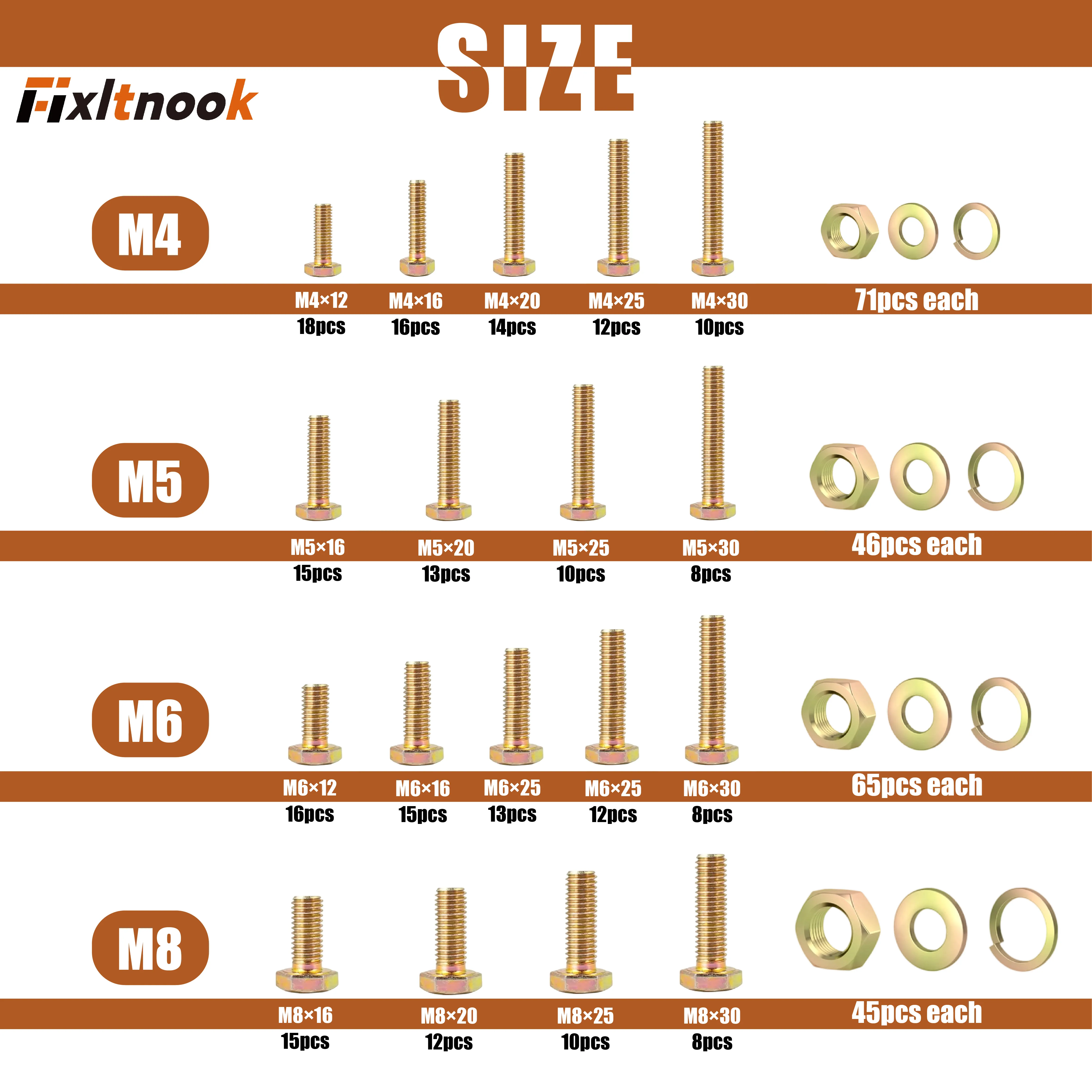 907 قطعة، مجموعة مسامير متري بدرجة 8.8، مجموعة مسامير وصامولة شديدة التحمل M4 M5 M6 M8، مطلية بالزنك الأصفر