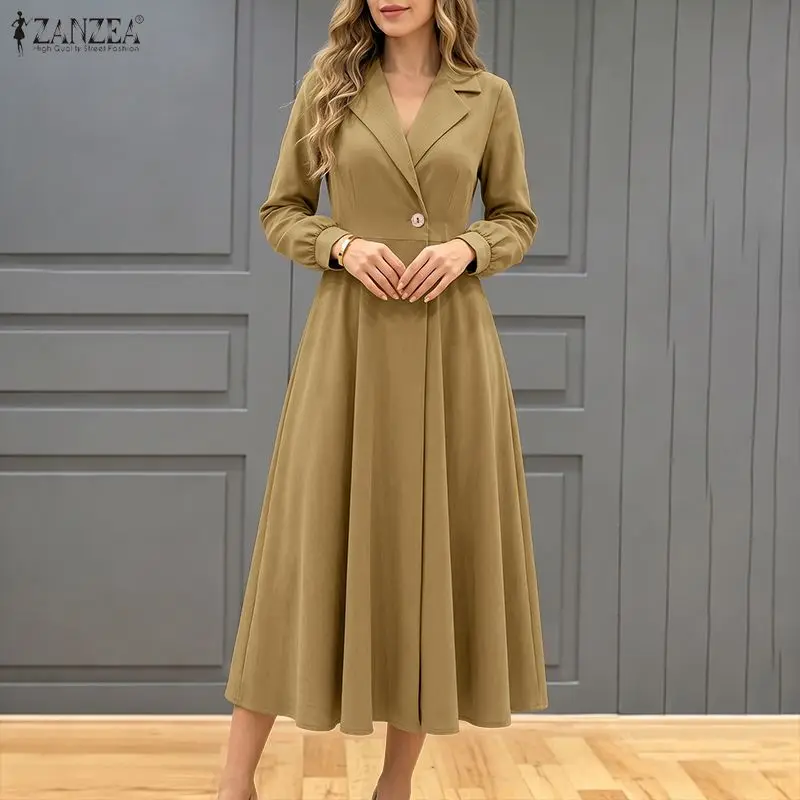 ZANZEA Herbst Damenkleid Elegantes Langarm-Kleid mit Revers und Knöpfen A-Linien-Maxikleid OL Arbeitskleid Einfarbiges Party-Hemdkleid