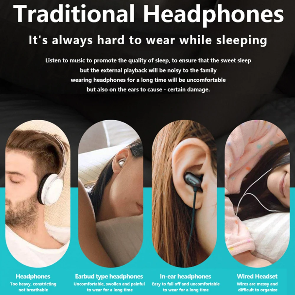 العظام التوصيل سمّاعات بلوتوث تحت وسادة MusicBox اللاسلكية ستيريو Soundbar TF مشغل MP3 تحسين النوم ل TikTok/الفيسبوك