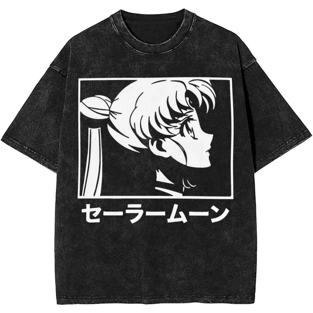 Pop Summer Sailors Moon Summer Fashion Washed Black Cotton Pure Cotton Round-neck Short-sleeved T-shirt for Men