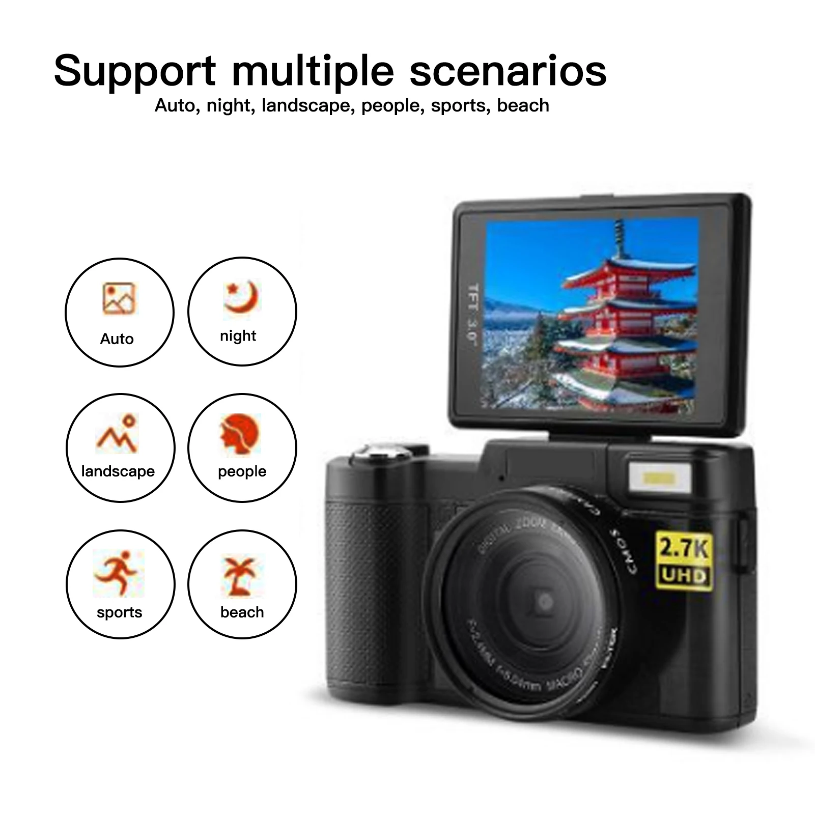 2.7K Digital Camera Digital Camera 3in LCD Screen 180 Degree Rotation 2.7K 30MP High Definition USB Charging Video Camera Camera