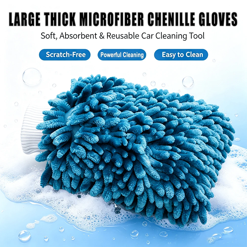 XL Double Sided Chenille Car Wash Mitt Bright Fluorescent Thick Nubby Microfiber Cleaning Glove Scratch Free for Auto Detailing
