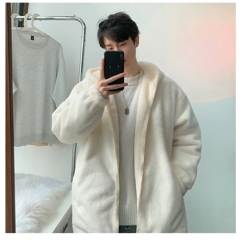 

2025 New Winter Faux Lamb Wool Hoodie Jacket for Men Korean Fashion Harajuku Warm Zip Up Hoodie Streetwear Men Clothing Y2k