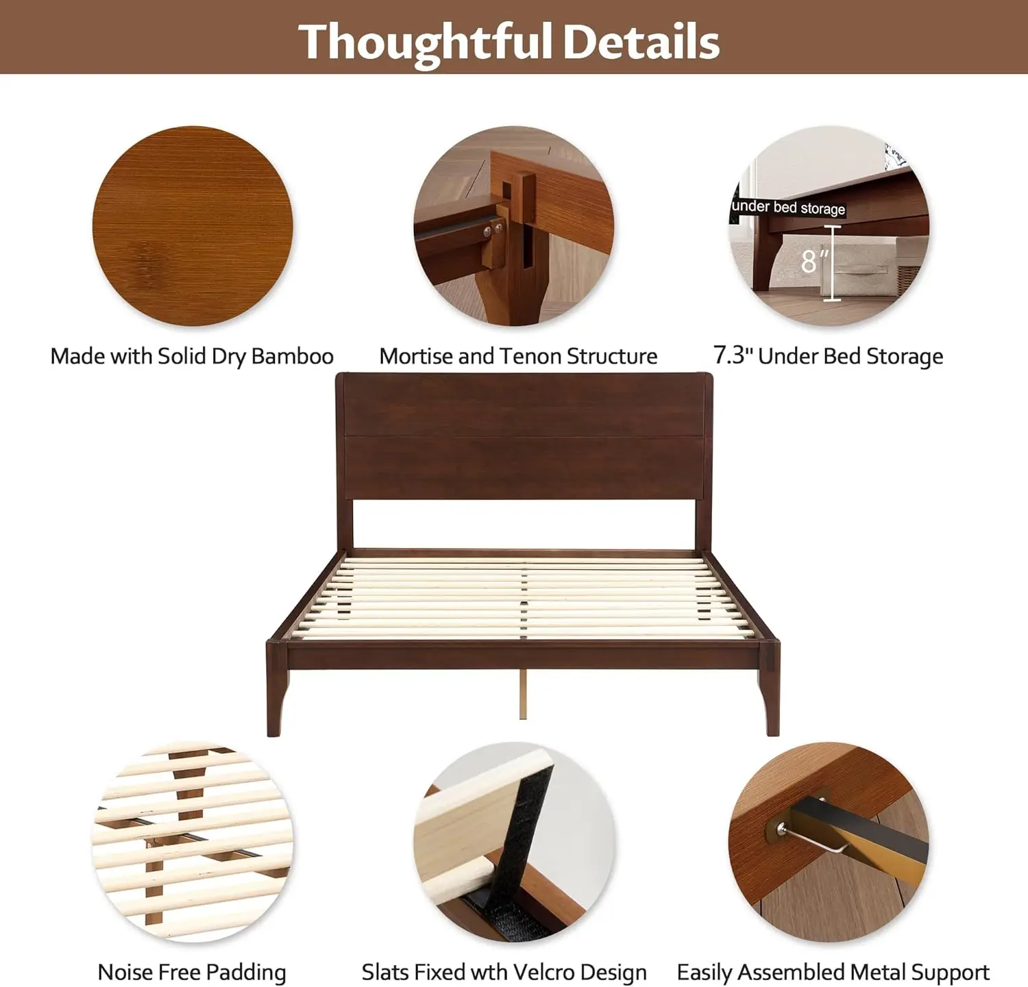 Merax Queen Size Bamboo Platform Bed, Mid-Century Modern Bed Frame with Tall Headboard, Solid Sustainable Bedframe Queen-Size, W