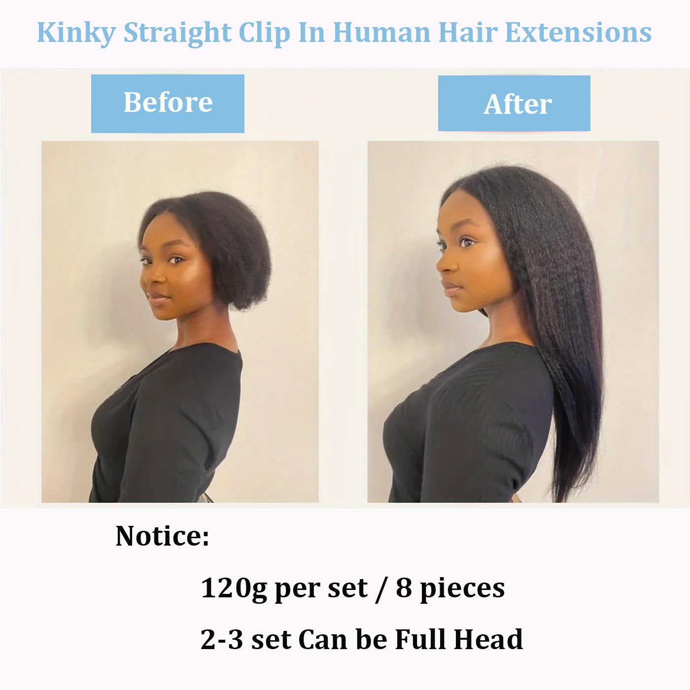 Kinky Straight Clip In Hair Extensions 100% Real Human Hair Natural Black 8 Pcs/120g Full Head Brazilian Remy Clip ins Seamless