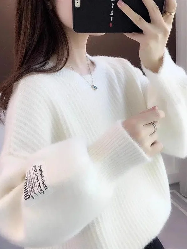 Thickened Fleece Knitted Sweater Women's Loose Fit round Neck Lazy Style Outerwear Korean Version Autumn Winter New Arrival