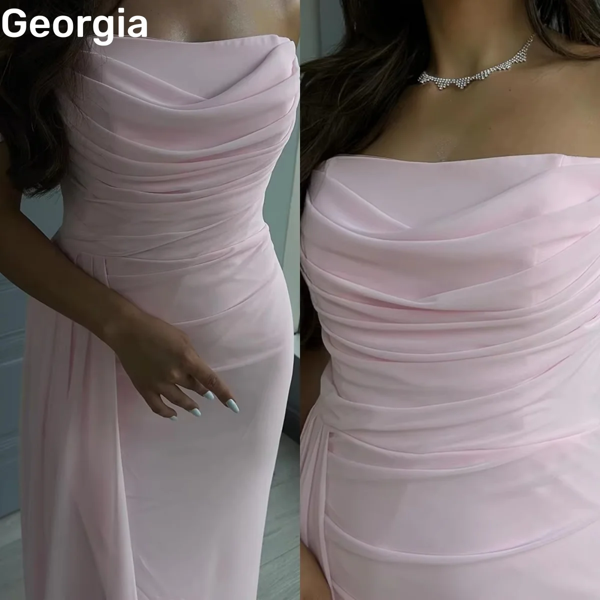 

Elegant Customize Luxury Evening Dresses Pink A-Line Strapless Floor-Length Dresses For Prom Ruffle Zipper Up Sleeveless Wedding