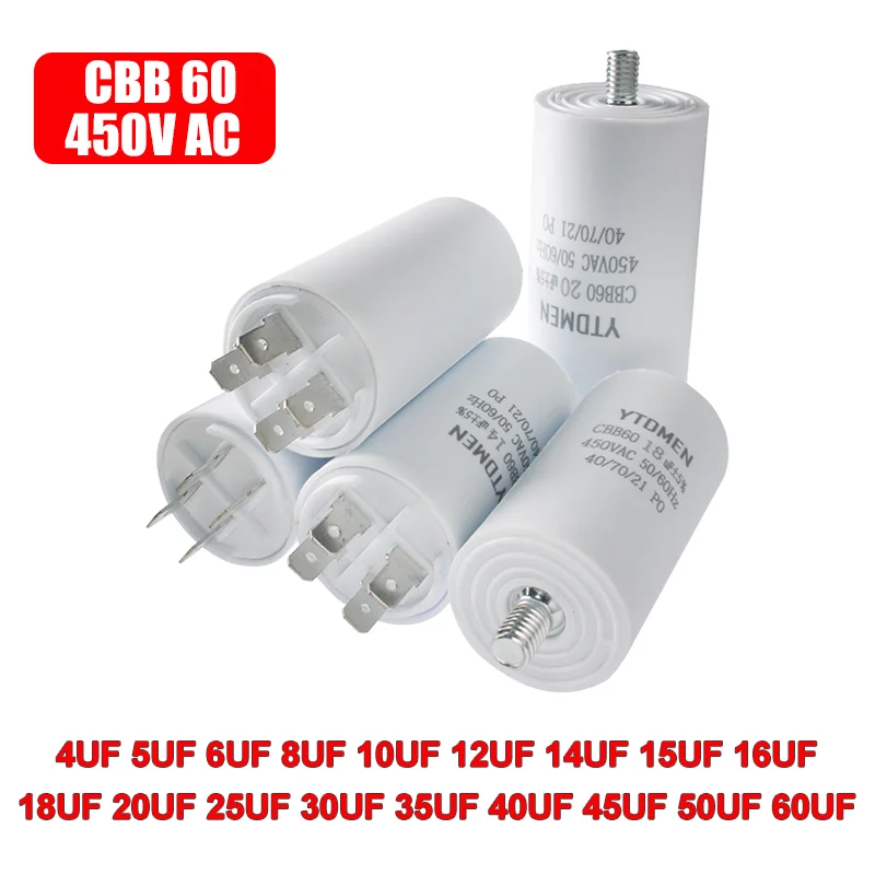 Condensador CBB60 AC 450V Condensadores de repuesto eléctricos de doble inserción 4 ~ 60uF con tornillo para ventilador de bomba de motor de aire acondicionado ±5%