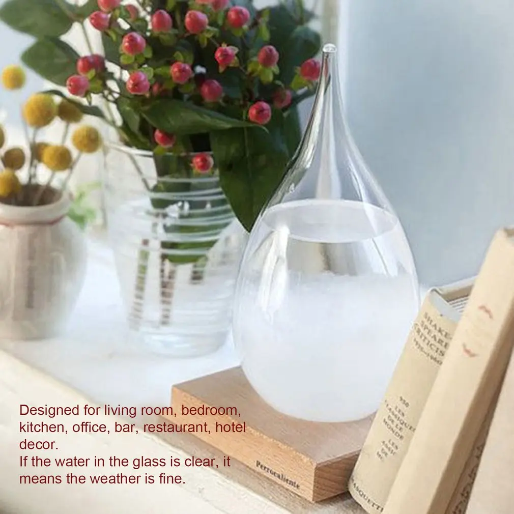 Mini botella de vidrio de tormenta de gotas de escritorio, Monitor de predicción del tiempo, barómetro con Base de madera para decoración del hogar