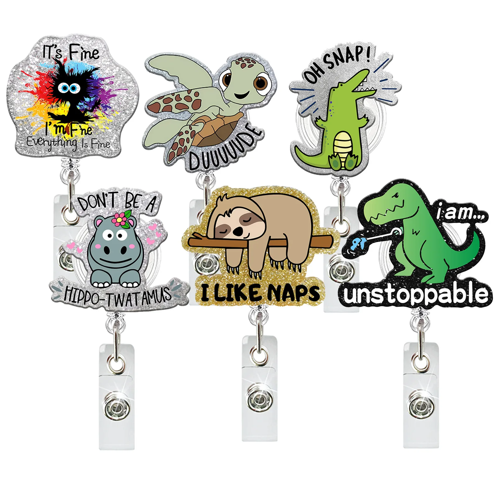 Hot Sales 1 Piece Glitter Acrylic Retractable Nurse Doctor Badge Reel Cute Cat Dinosaur Student Name ID Card Holder Lanyard