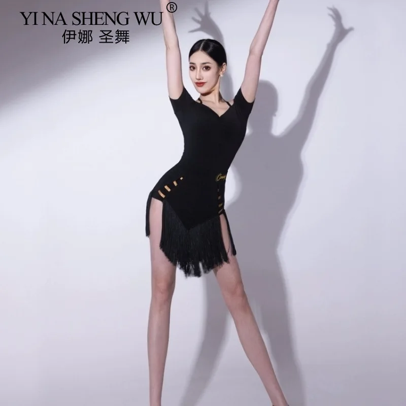 New 2026 Latin Dance Costume Tassel Jumpsuit Top Fringe Skirt Adult Women Latin Samba Rumba Cha Cha Practice Performance Dress