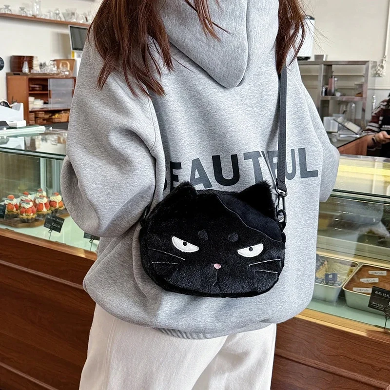 

Cute Plushs Black Cat Crossbody Bag For Girls Women Shoulder Bag With Strap Furry Cartoon Animal Purse For Phone Storage Daily